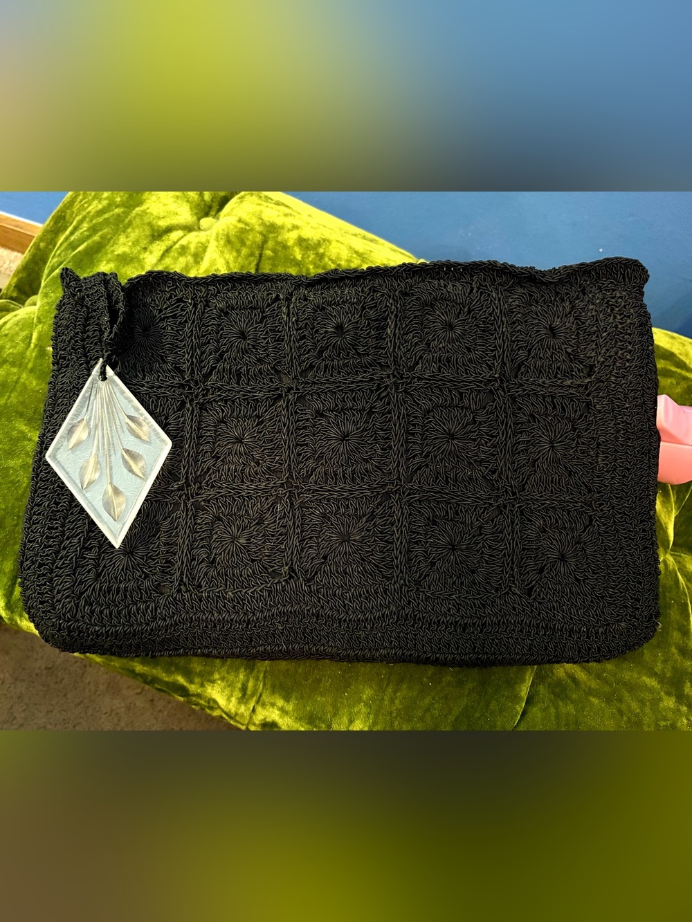 Vintage 1930s 1940s Black Knit Crochet Clutch Purse LARGE Lucite Diamond Zipper